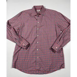 Eton Contemporary 44 17.5 Coral Orange Navy Plaid Shirt